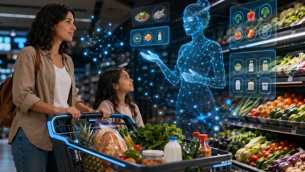 AI mom assistant guiding a smart grocery cart through a futuristic store aisle.