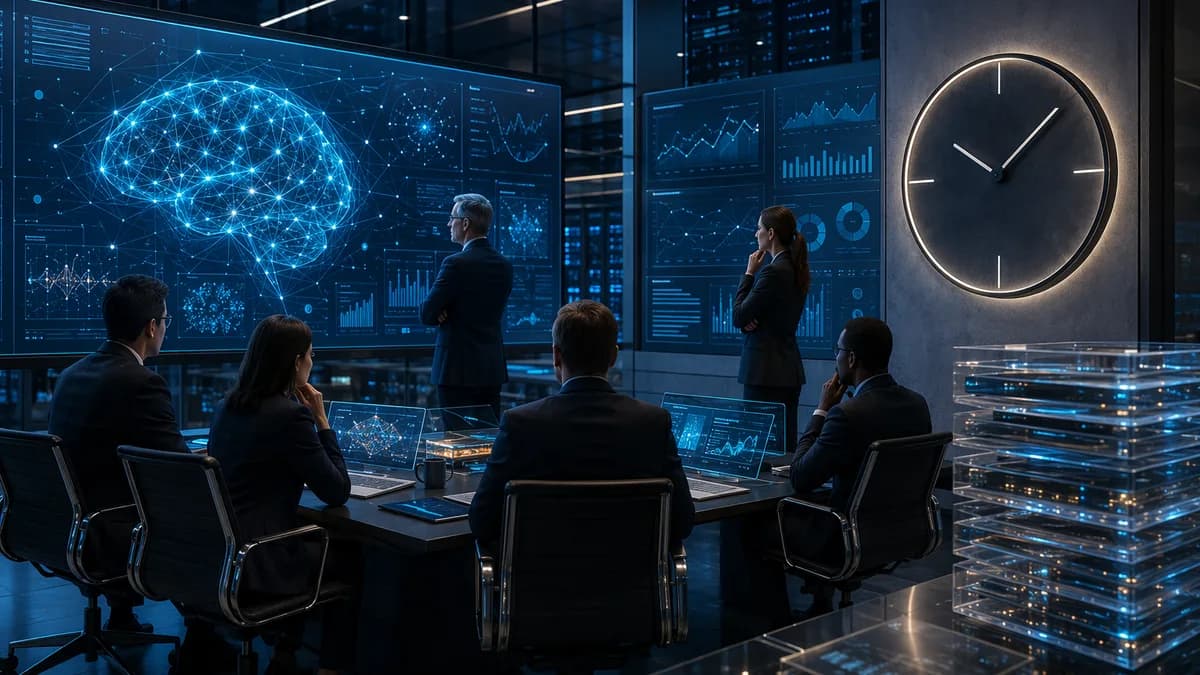 Futuristic AI oversight room with analysts, neural networks, audit records, and deadline clock.