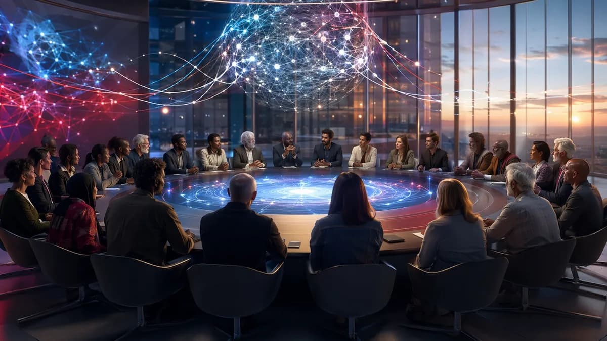 Diverse civic assembly in a futuristic AI hub connected by neural network visuals