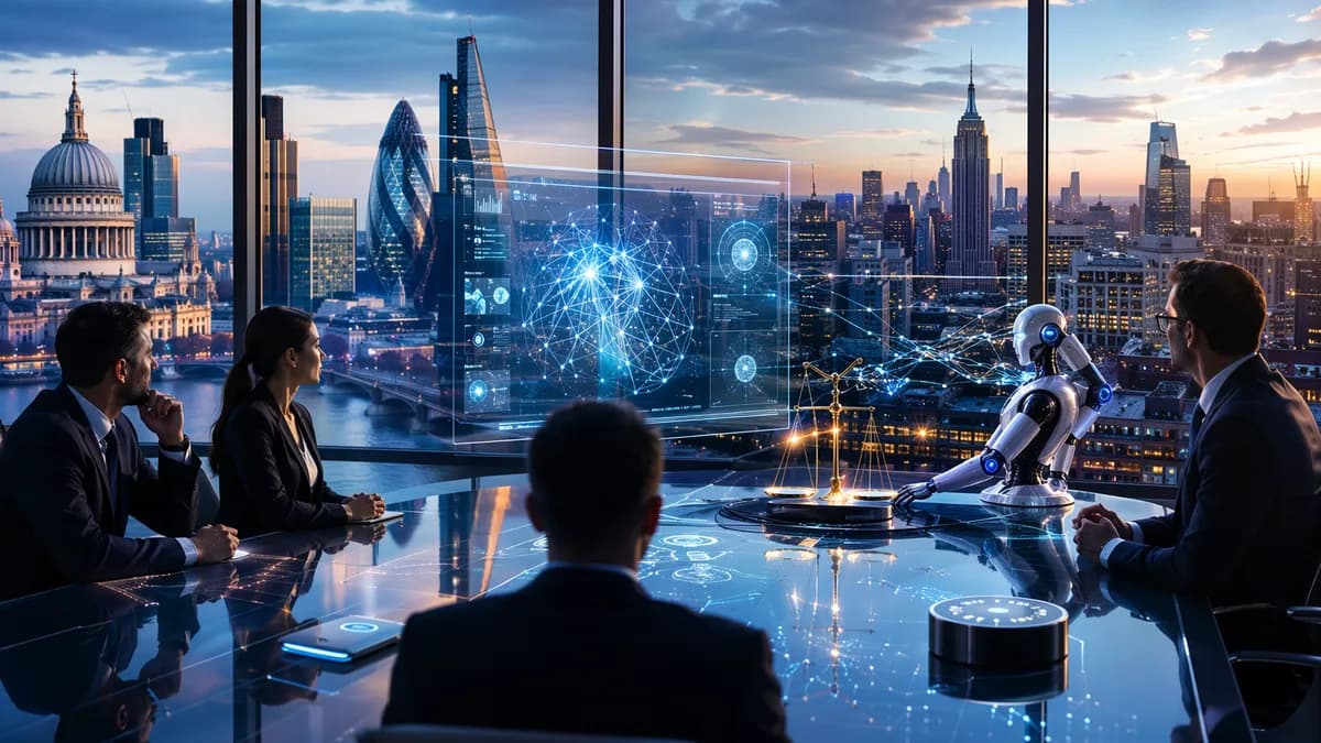 US bankers review AI governance in a futuristic fintech boardroom with Europe’s financial district beyond.