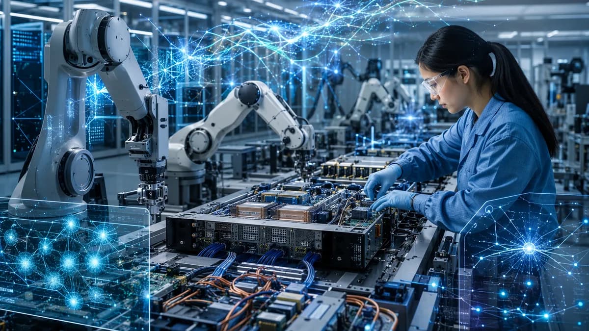 Human technician and robots assemble AI server hardware in a futuristic manufacturing cell.