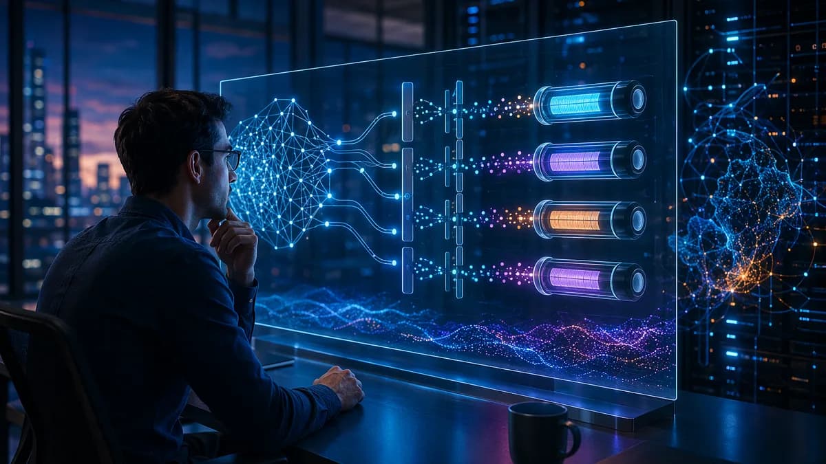 Engineer in futuristic workspace monitoring capped AI token streams and cost controls.
