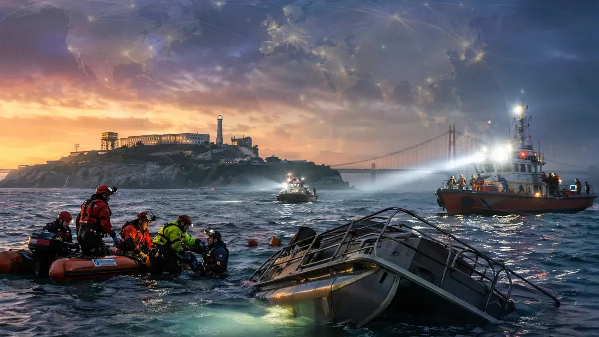 Rescue boats search near a capsized pontoon by Alcatraz Island in San Francisco Bay.