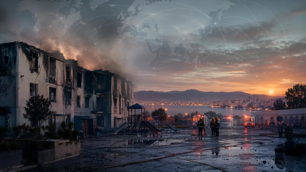 Somber pre-dawn orphanage fire scene near Algiers with emergency responders and global map overlay.