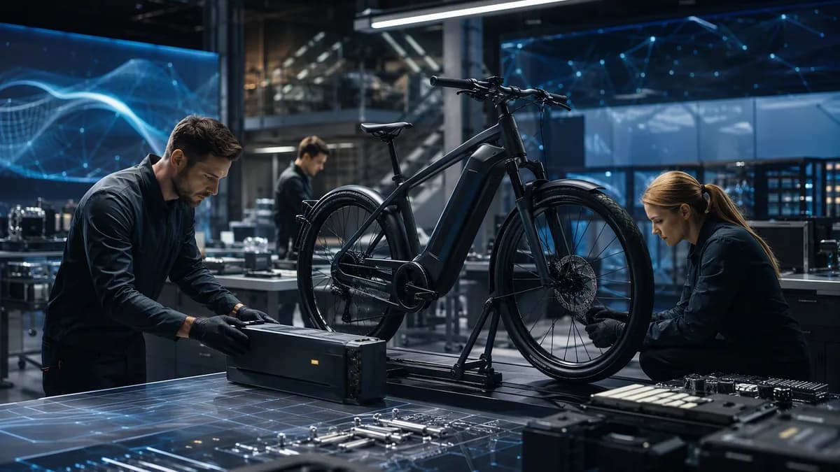 Futuristic e-bike prepared for delivery in a sleek tech workspace with engineers and abstract AI visuals.