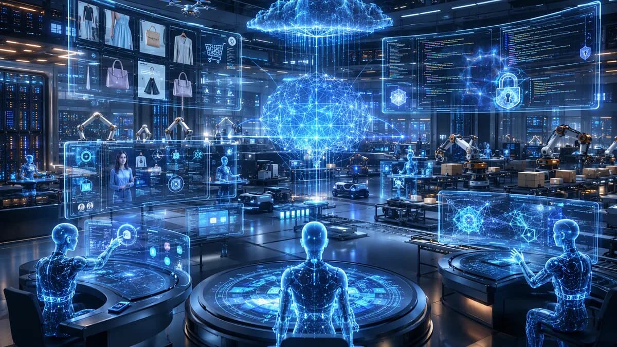AI agents coordinating e-commerce, support, workflows, and cloud security in a futuristic tech hub.