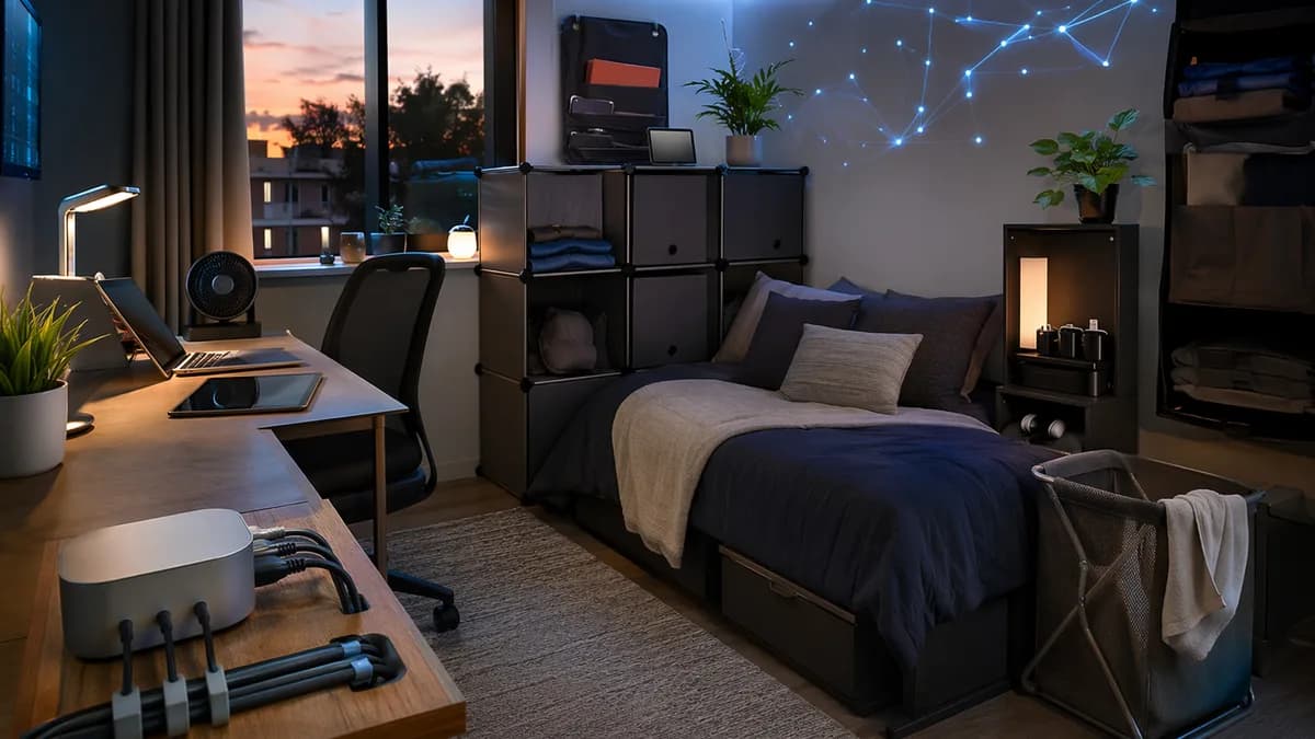 Organized tech-friendly dorm room with smart storage, gadgets, fan, laundry hamper, and tidy desk