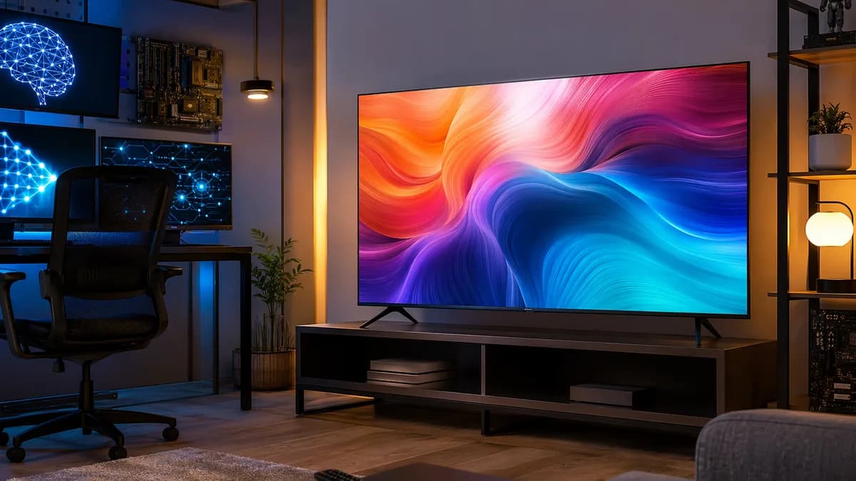 Generic budget 4K smart TV in a sleek tech review workspace with futuristic screens and circuits.