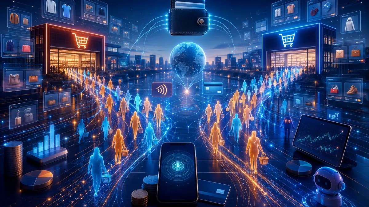 Digital shoppers compare deals across retail platforms with small baskets and payment tech visuals.