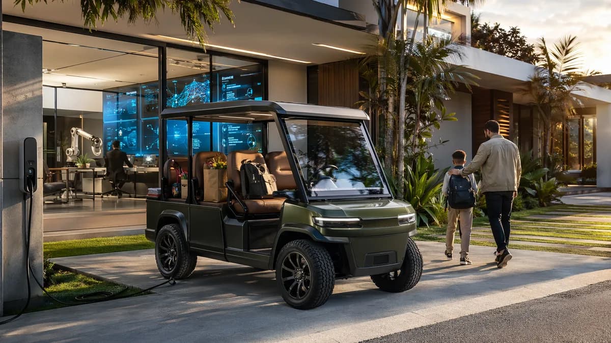 Stylish boxy electric golf cart outside a modern home with tech hub elements and EV charging.
