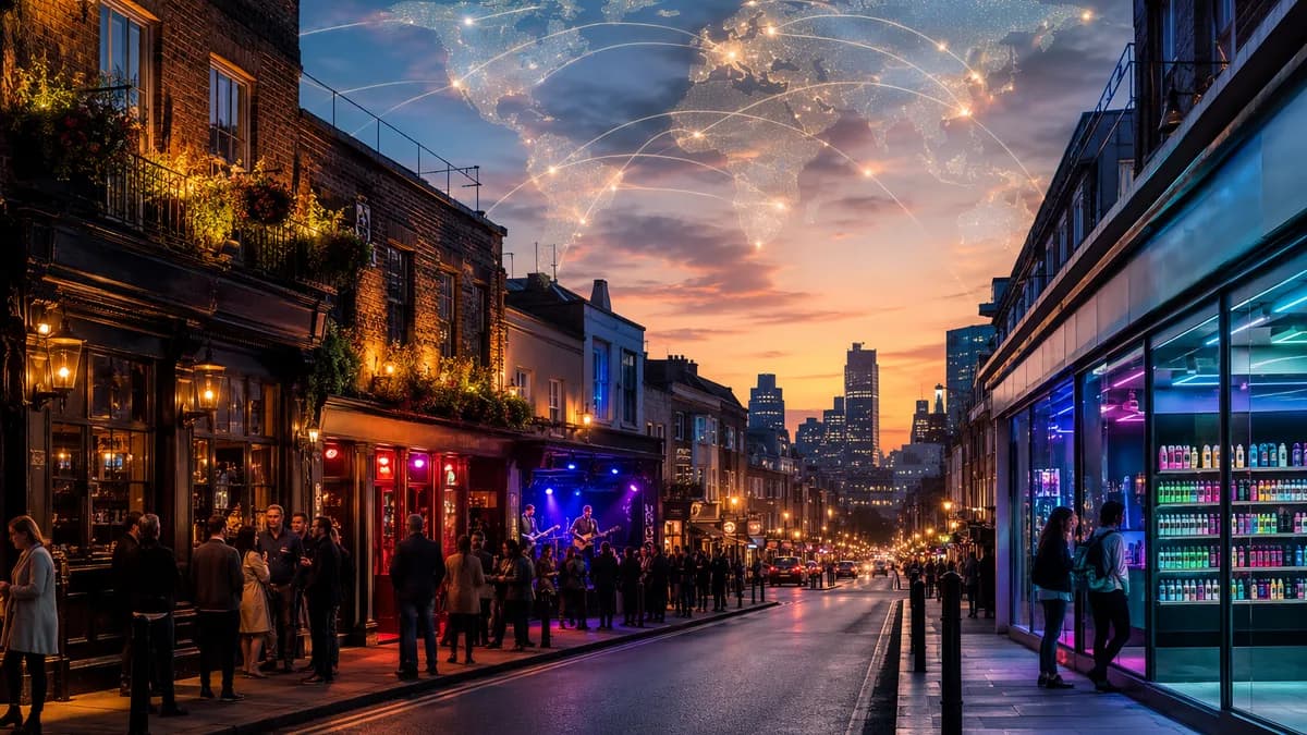 English high street with pub and vape shop under a global map, symbolizing shifting local tax policy.