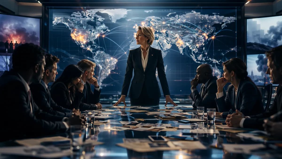 Female minister in a tense briefing room with global map and connections, symbolizing political leak accountability.