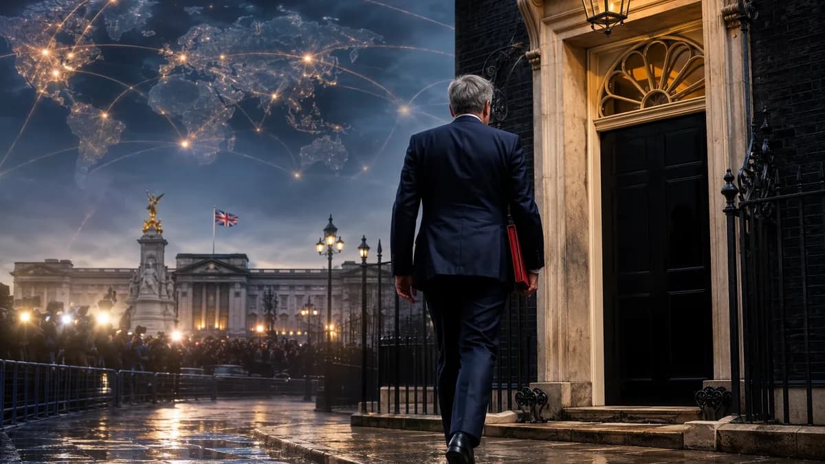 Symbolic UK leadership handover with Downing Street, royal palace, and global network map.