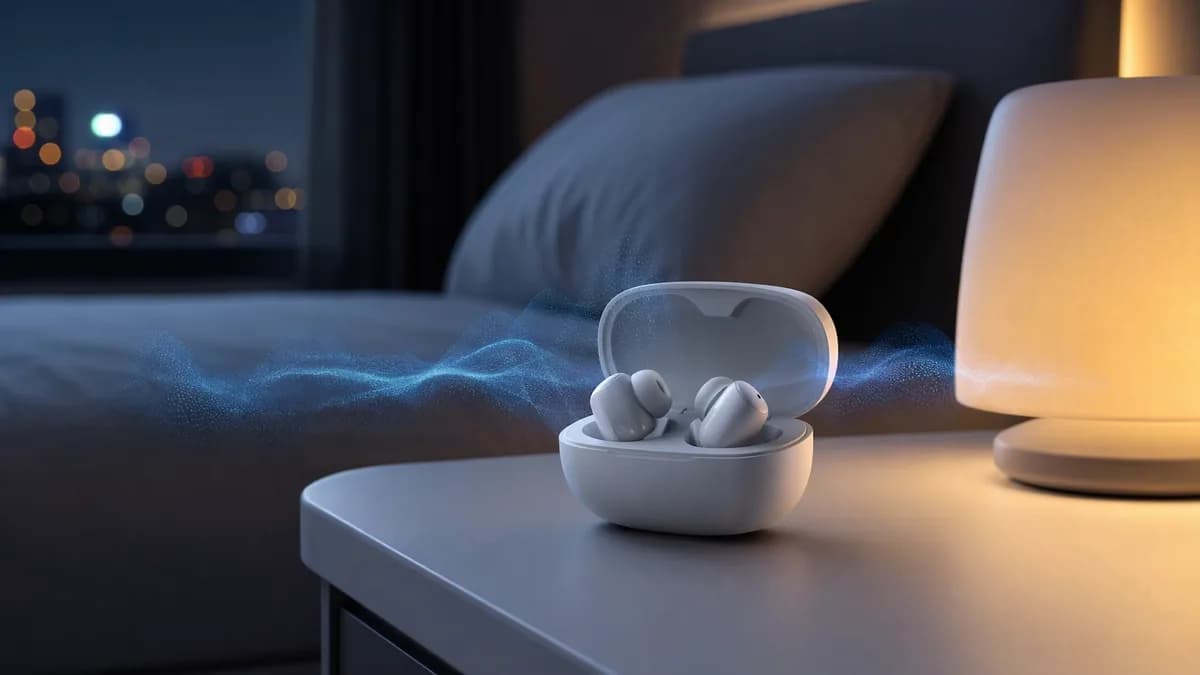 Unbranded sleep earbuds in a charging case on a calm tech-inspired bedside table at night