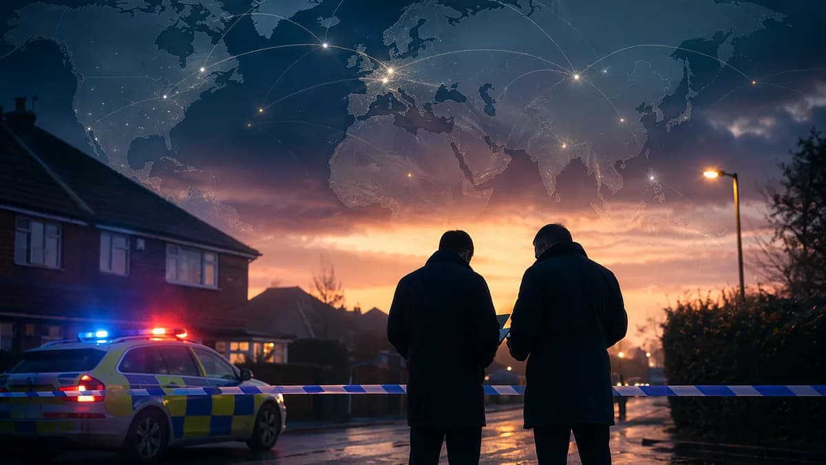 Somber police investigation scene with global map overlay, suggesting an active murder inquiry.
