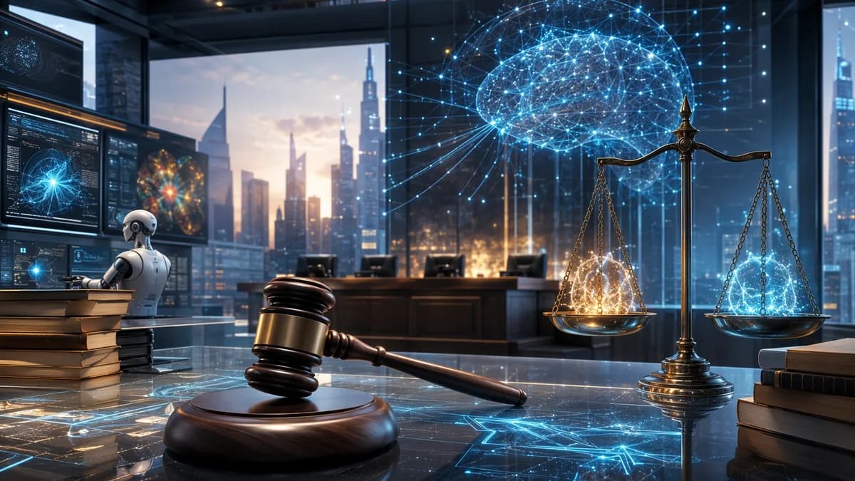 Futuristic courtroom with AI network, books, gavel, and scales symbolizing an AI copyright settlement.
