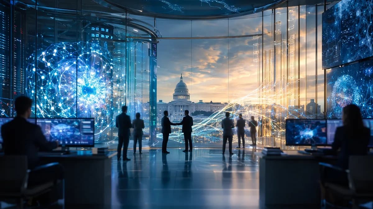 Futuristic AI lab with policy silhouettes and glowing digital gates opening, symbolizing lifted export controls.