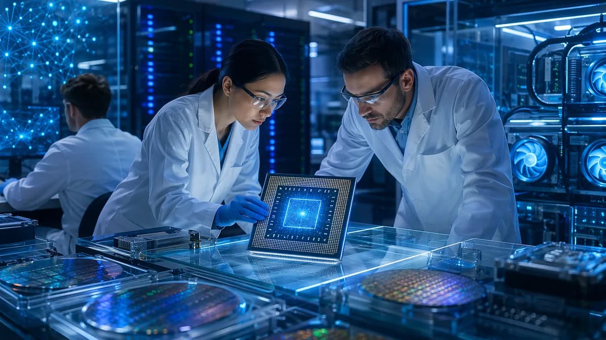 Engineers examine a glowing AI chip in a futuristic semiconductor lab with neural network visuals.