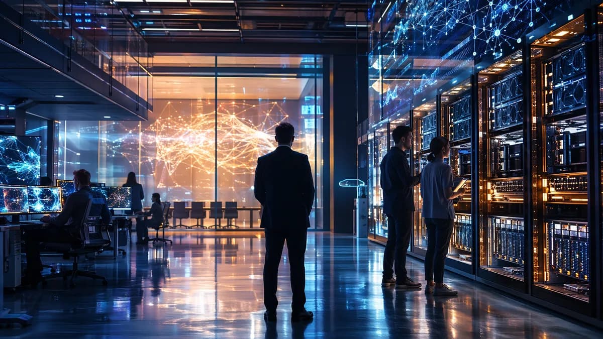 Executive and engineers in futuristic AI data center addressing compute scarcity and operations.