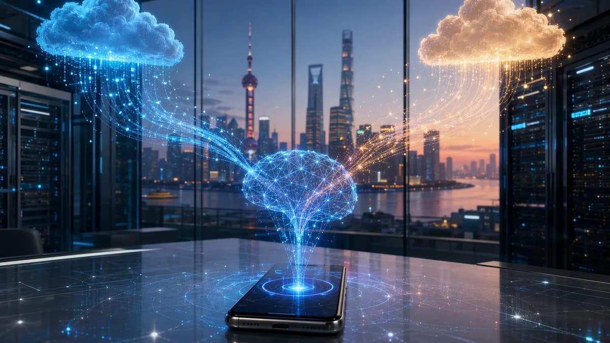 Generic smartphone with AI hologram in a futuristic China tech hub, symbolizing approved local AI partnerships.