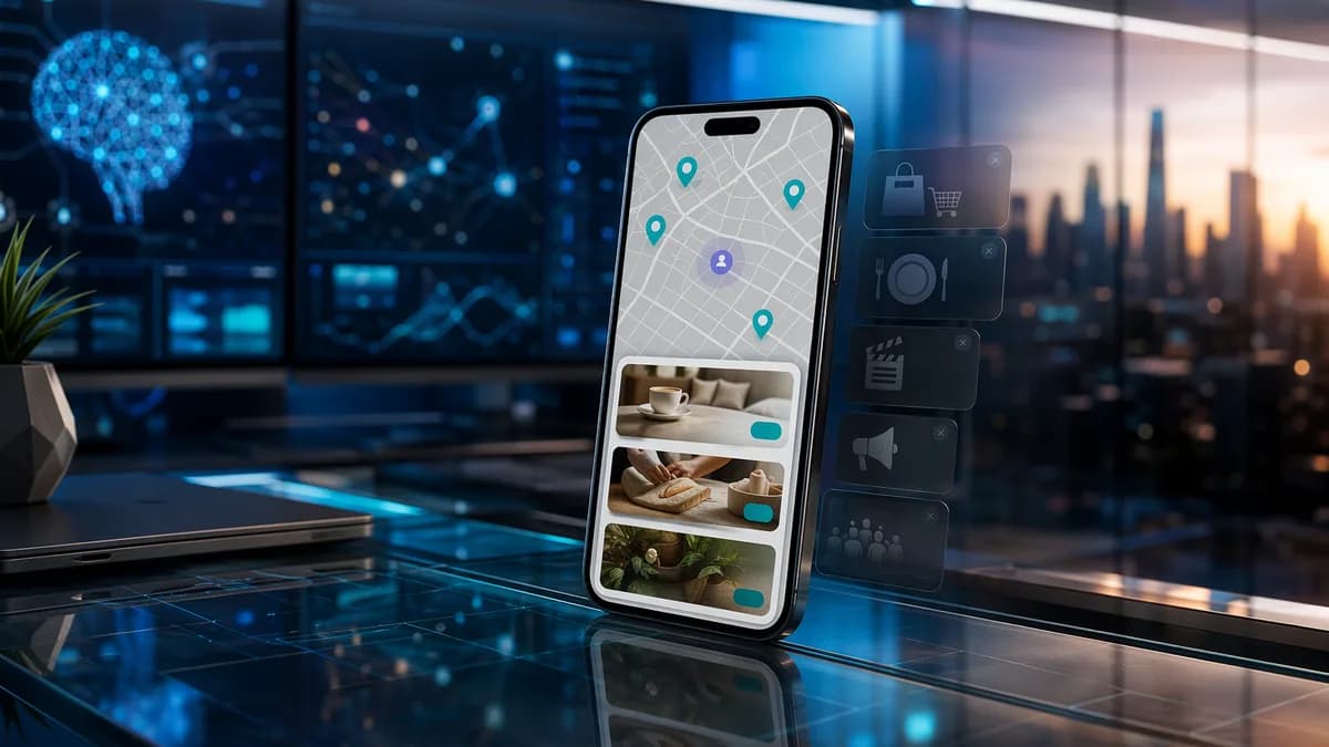 Smartphone with clean city map ads in a futuristic workspace, symbolizing curated local advertising.