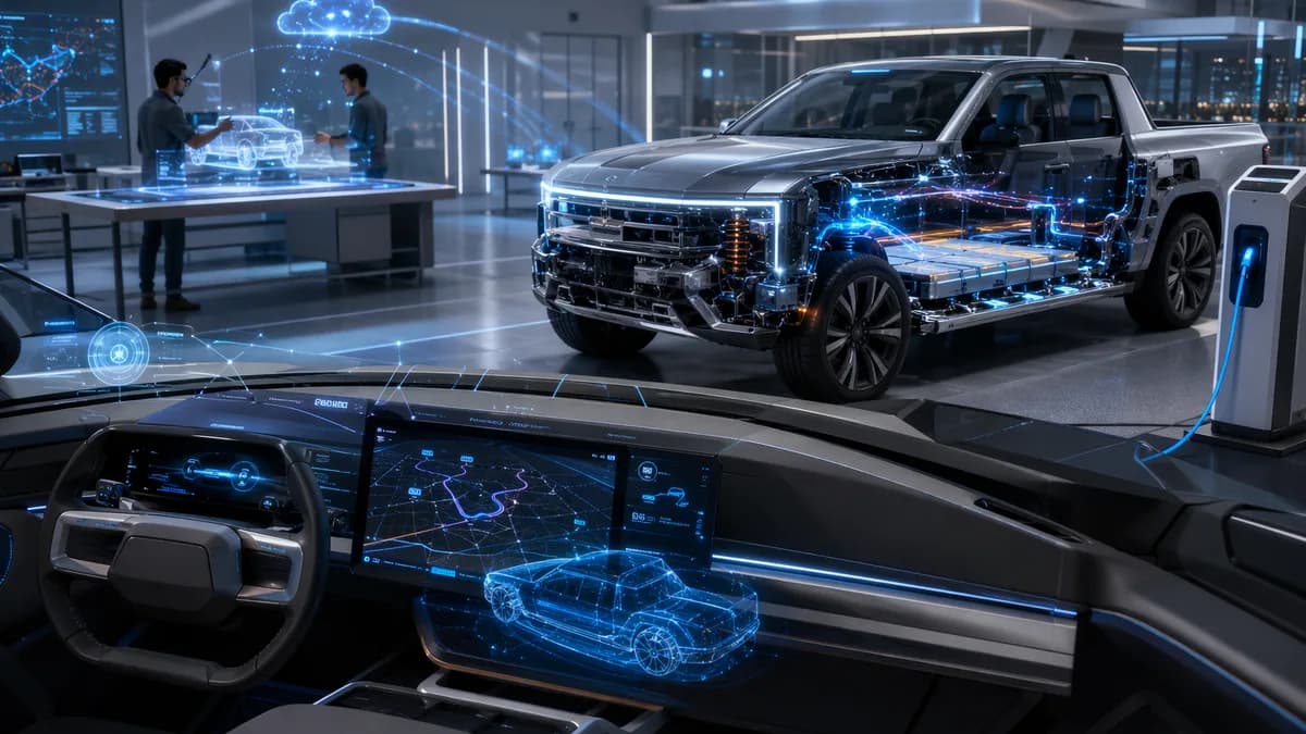 Futuristic electric pickup cockpit with abstract navigation, charging, and battery prep visuals