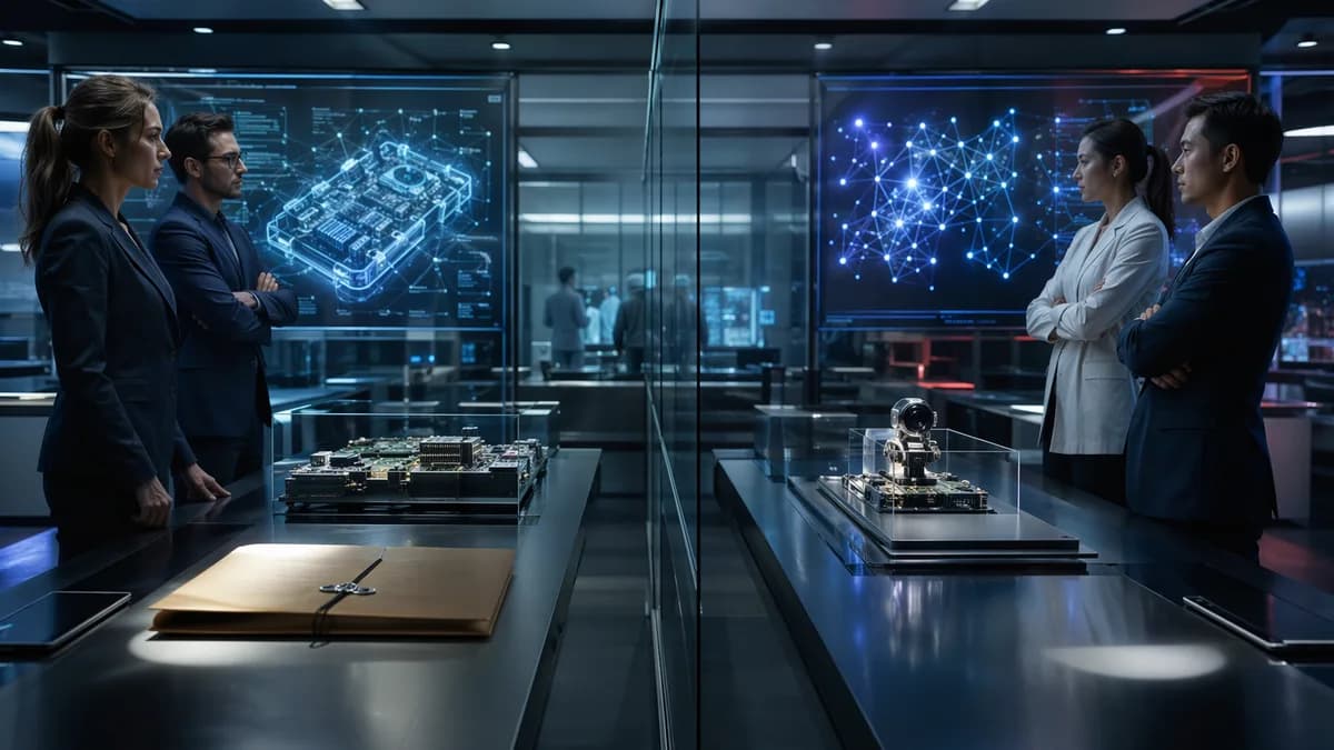 Futuristic tech lab scene suggesting an AI trade secret lawsuit over prototype hardware.
