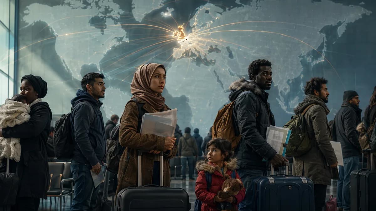 Asylum seekers in a UK waiting hall with global map projections, conveying migration policy uncertainty.