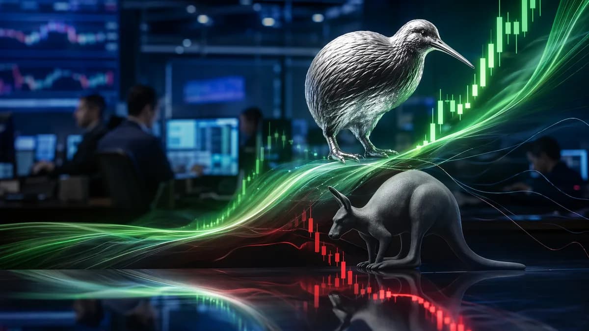 Forex trading desk showing Kiwi strength versus Aussie after a central bank rate hike