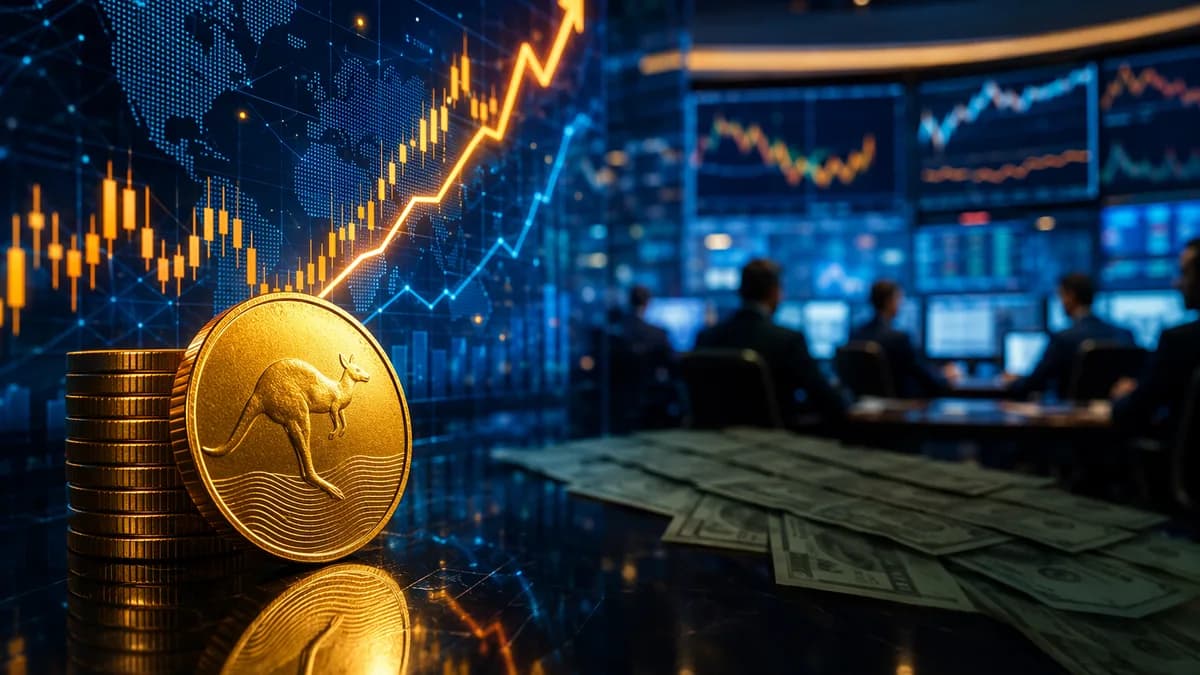 Australian dollar recovery visualized on a modern trading desk with rising market charts.