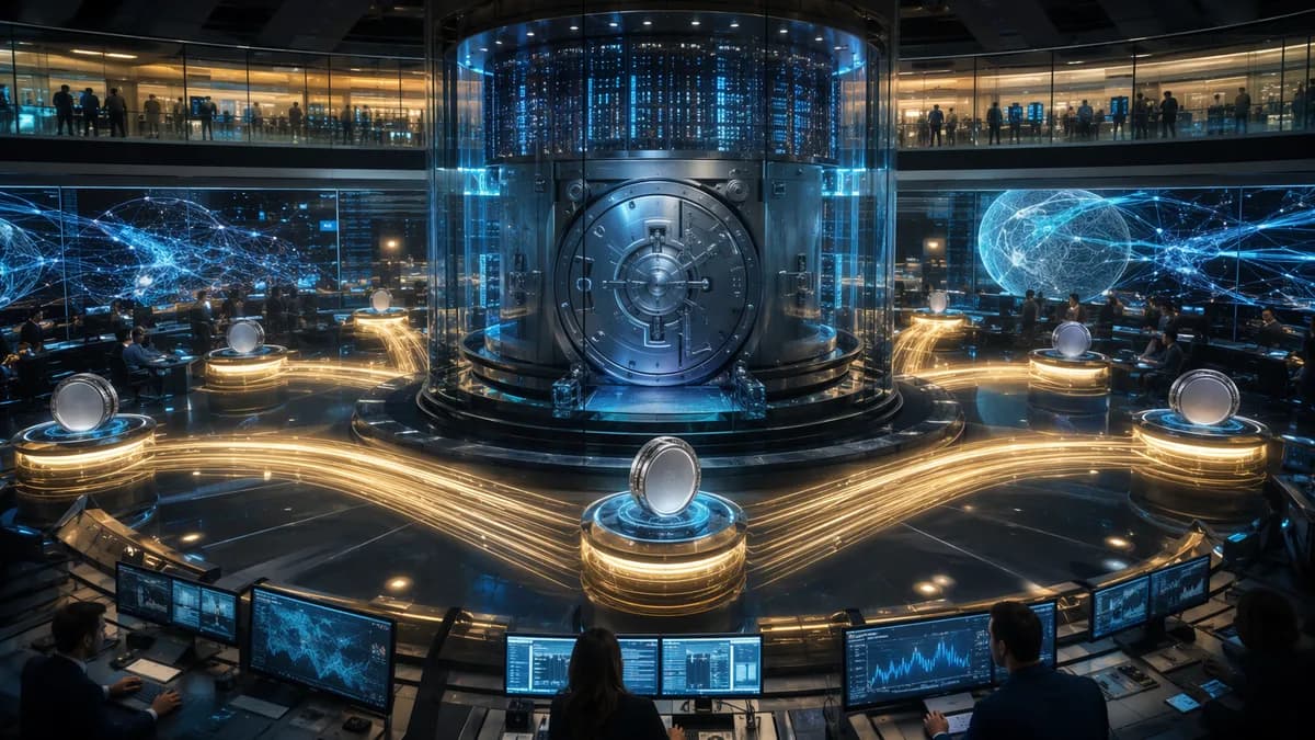 Futuristic clearing bank hub with AI payment rails and stablecoin settlement imagery