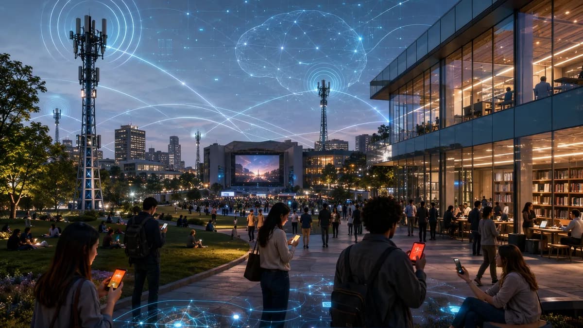 People in public spaces receive uneven phone alerts amid glowing cell tower signals.