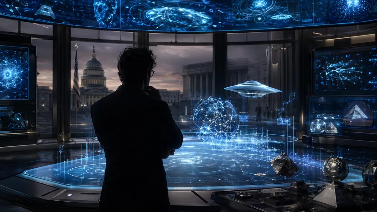 Astrophysicist reviews glowing UAP data in a futuristic government science room.