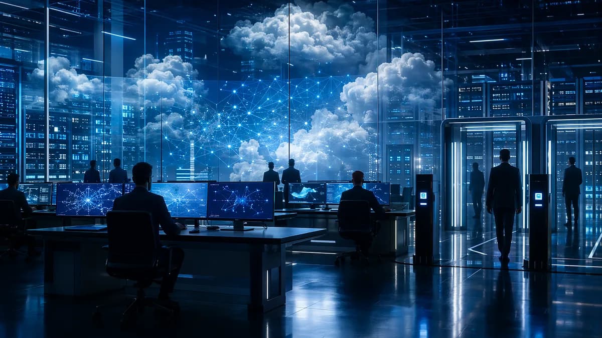 Secure government AI cloud hub with data center, neural networks, and analysts in a futuristic workspace
