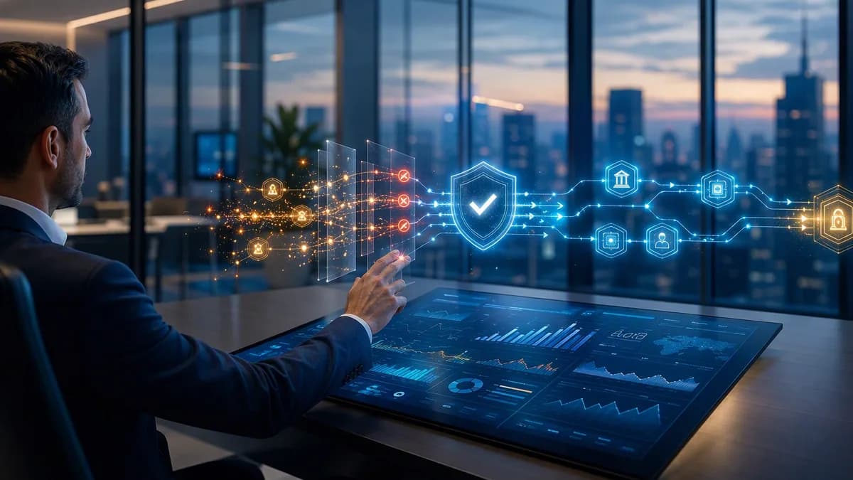 Futuristic B2B payment network with live fraud controls stopping transactions before settlement