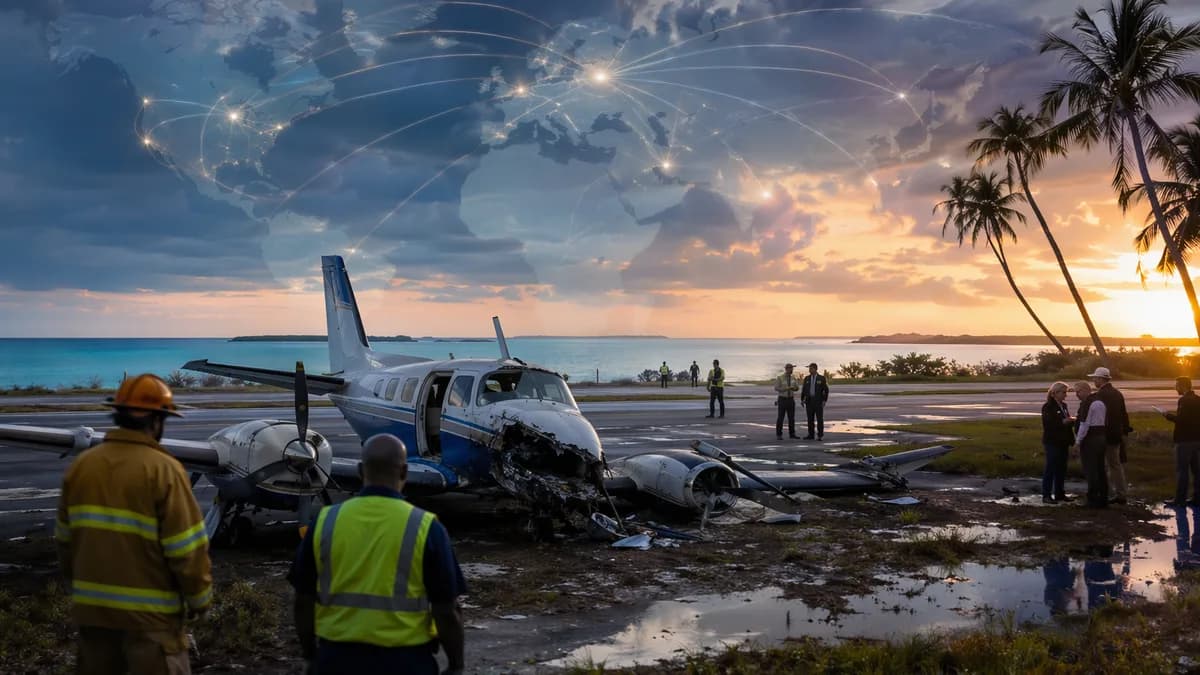 Damaged small plane at Bahamas airfield with responders and subtle global map connections