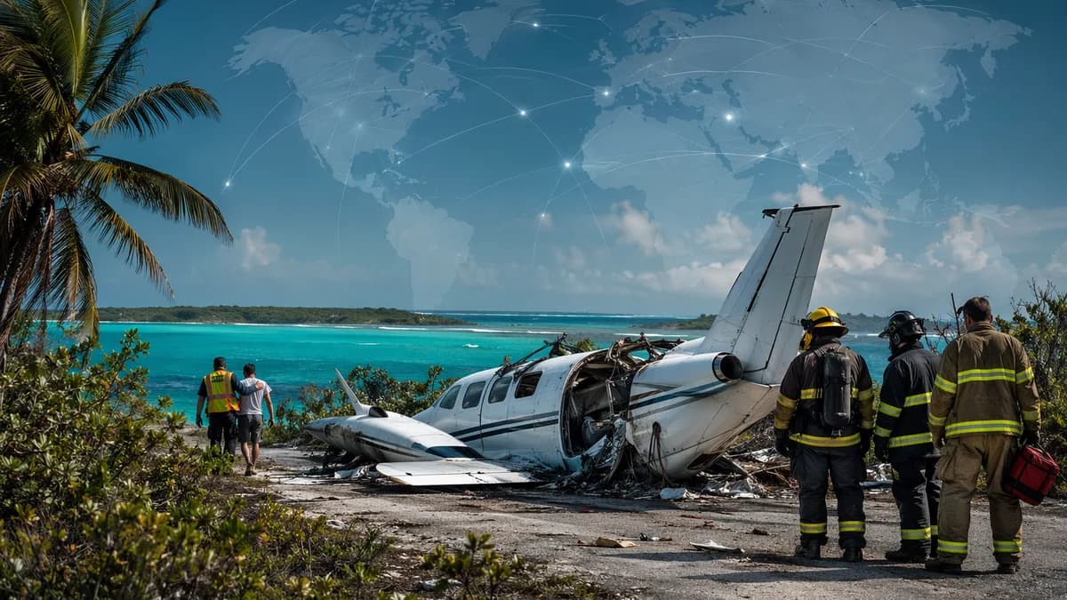 Emergency responders at a Bahamas small plane crash site with a subtle global map overlay