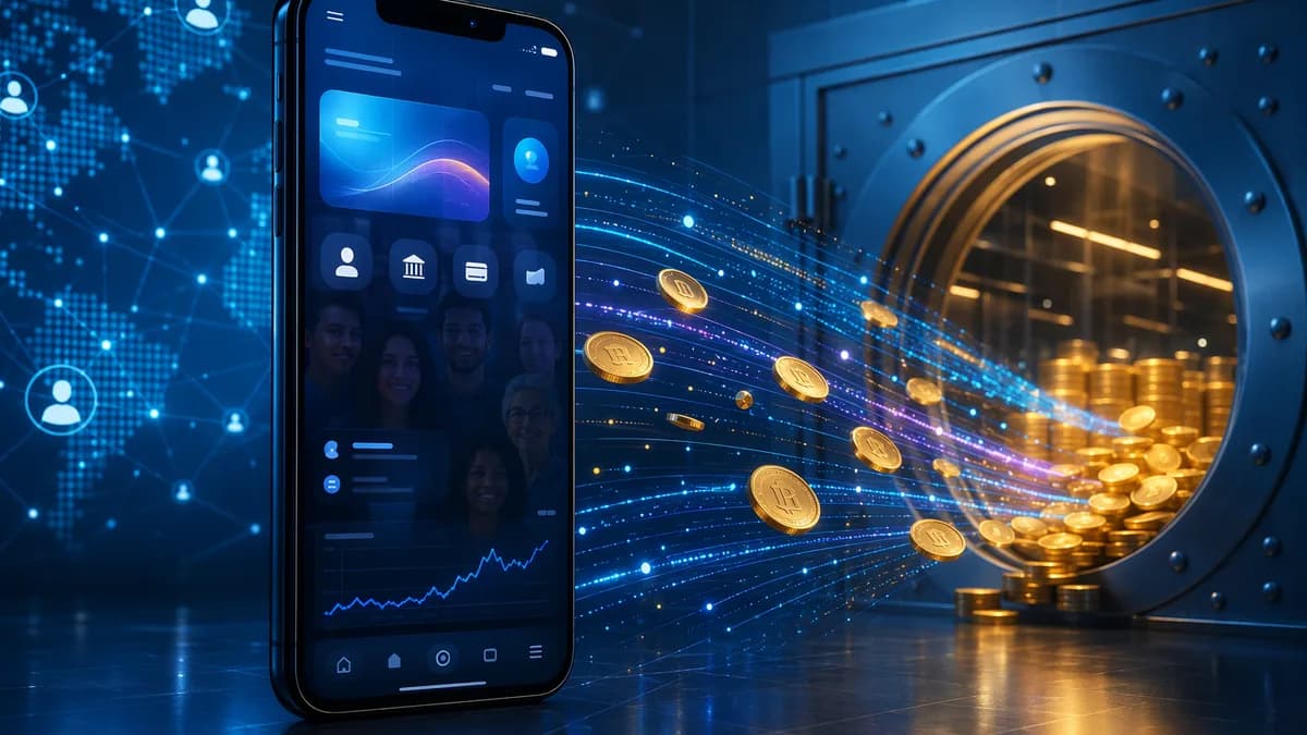 Smartphone banking app channels digital deposits into a secure vault with glowing financial data streams.