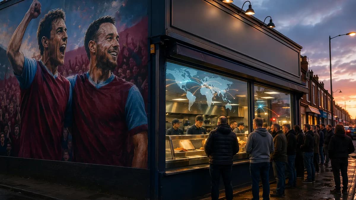 Crowds outside a chip shop with a football mural and subtle global map reflections at dusk.