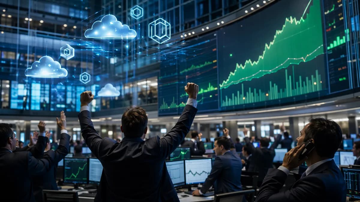 Trading floor with abstract upward market charts symbolizing a strong SaaS IPO debut