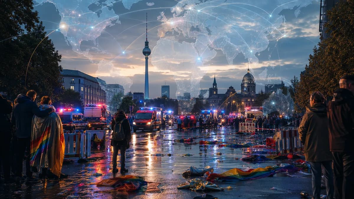 Berlin Pride attack aftermath with emergency response, rainbow flags, and global news map overlay