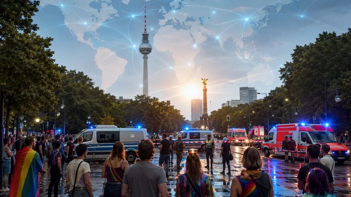 Emergency response near Berlin Pride event with police cordon and subtle global map overlay.