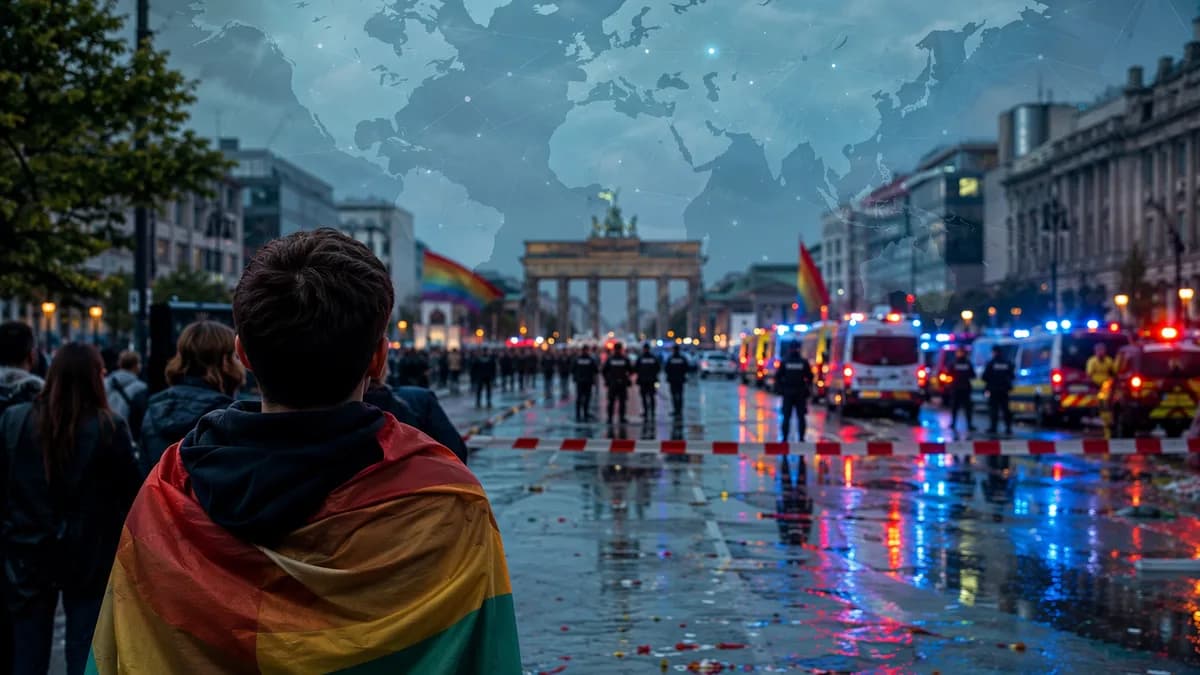 Somber Berlin Pride street aftermath with police, rainbow flags, and global map overlay