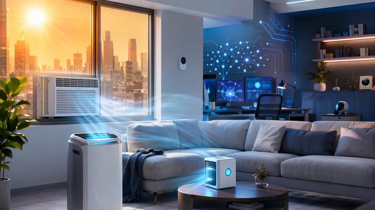Modern living room with smart air conditioners cooling the space during extreme heat.
