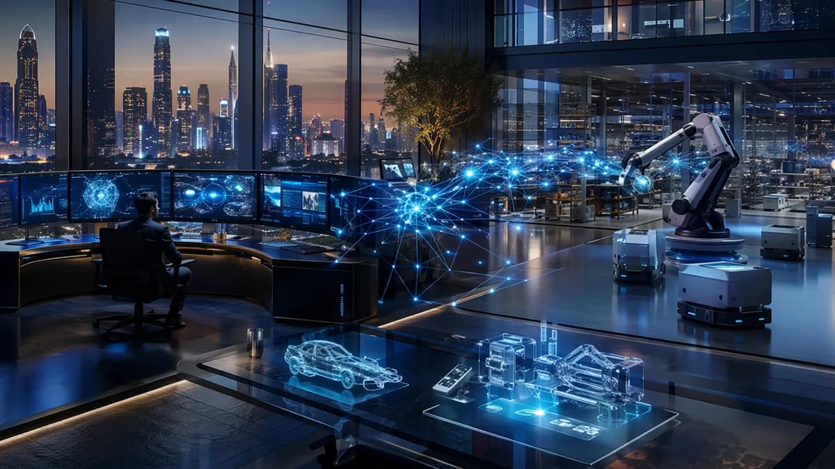 Futuristic AI investment hub with robotics, neural networks, and design prototypes in a sleek workspace