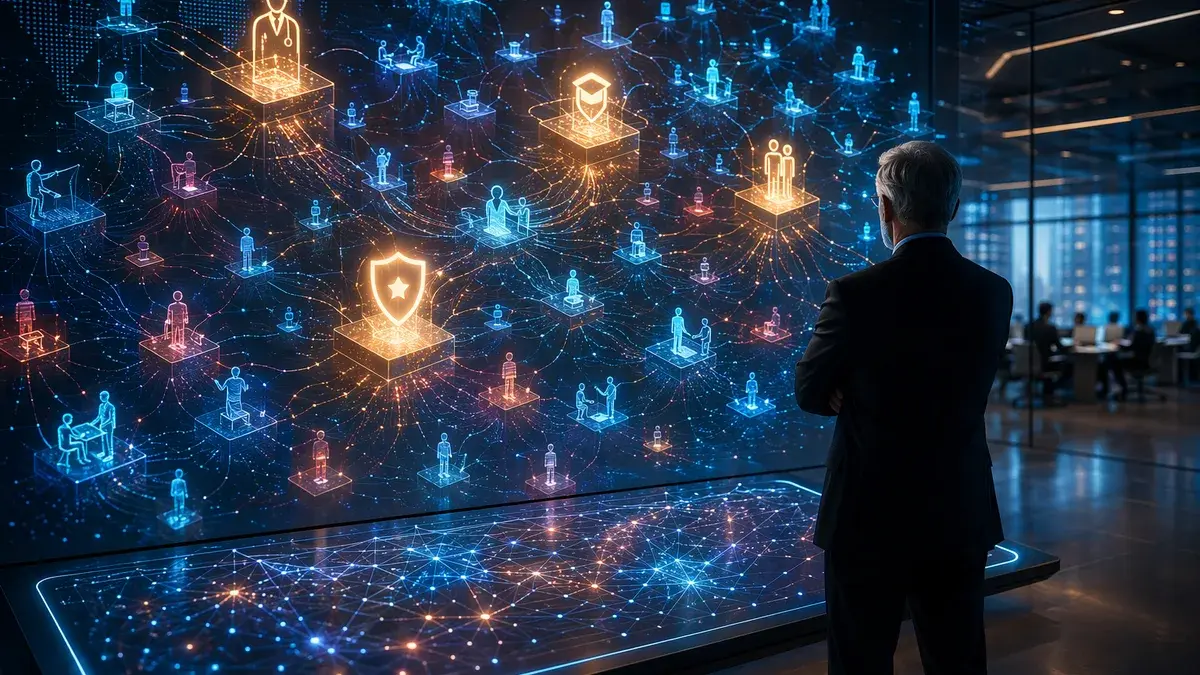 Anonymous executive facing AI job forecast holograms in a futuristic tech workspace.