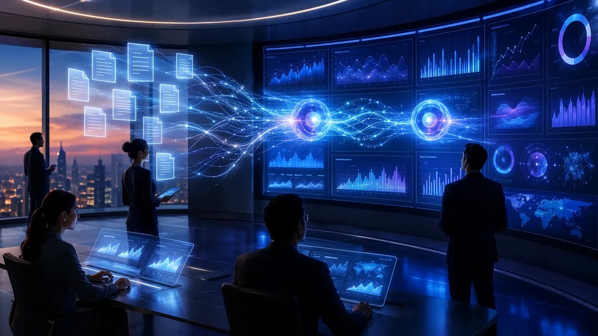 AI assistants connected to live accounts receivable data streams in a modern fintech finance office.