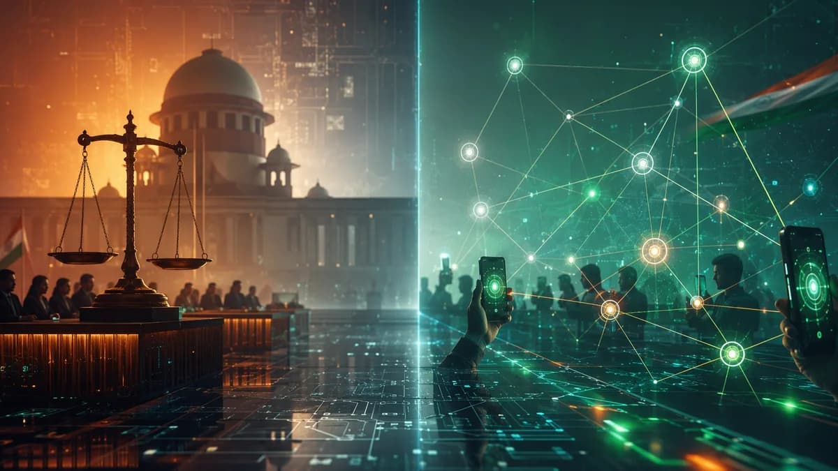 Legal-tech standoff over offline messaging in India, with phones, mesh signals, circuits, and judicial scales.