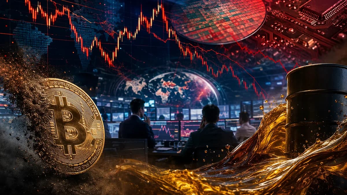 Bitcoin market stress scene with oil surge, falling charts, and AI chip selloff visuals