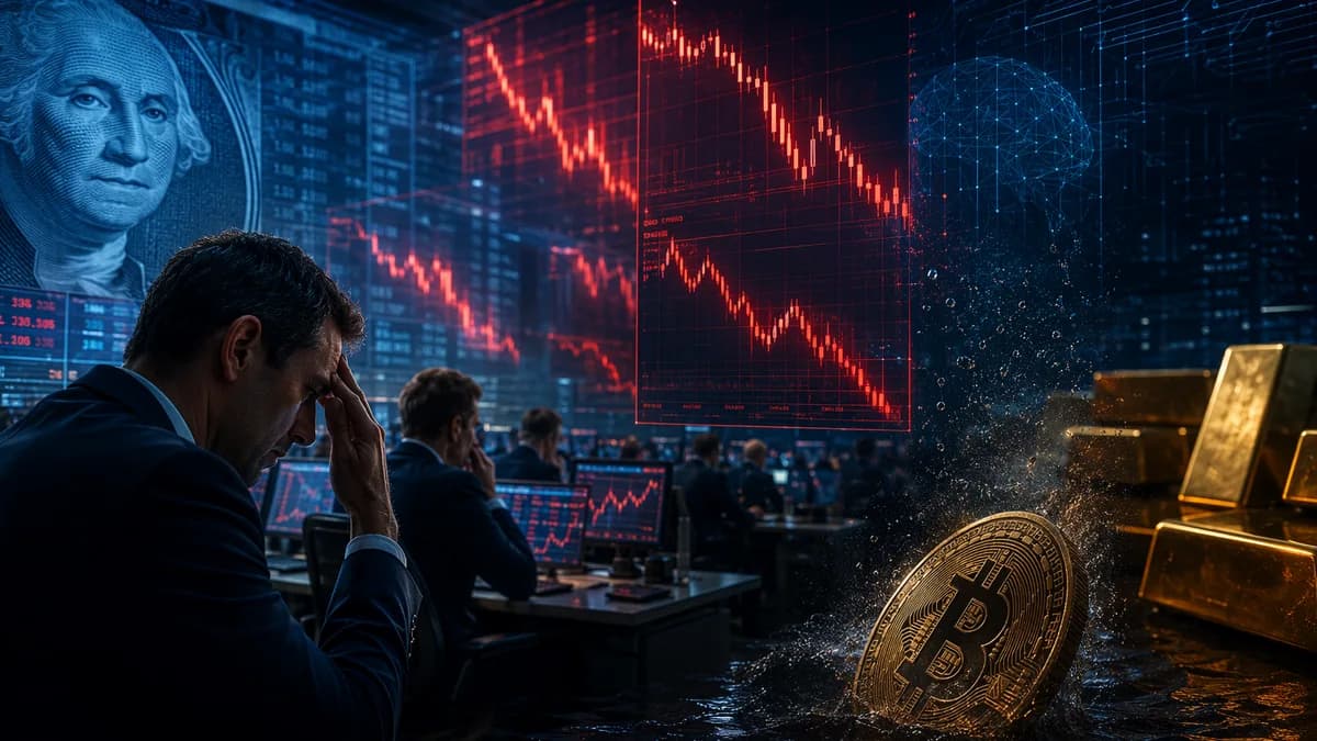 Bitcoin sinks amid red market charts as AI selloff pressure spreads from stocks to crypto.